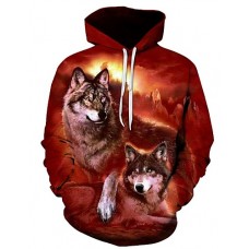 Men's Plus Size Sports Long Sleeve Loose Hoodie - 3D Wolf, Print Hooded Wine