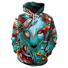 Men's Plus Size Basic / Exaggerated Long Sleeve Loose Hoodie - 3D / Cartoon Wolf, Print Hooded Green