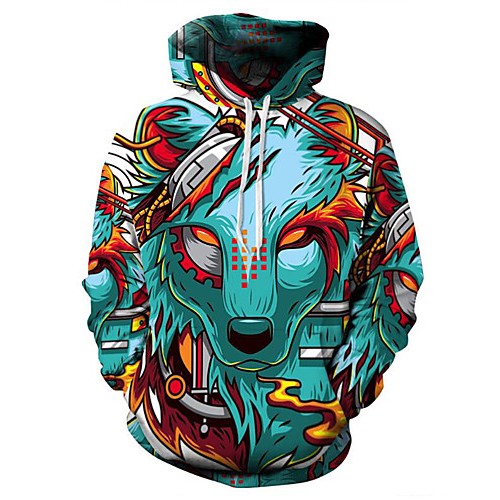 Men's Plus Size Basic / Exaggerated Long Sleeve Loose Hoodie - 3D / Cartoon Wolf, Print Hooded Green