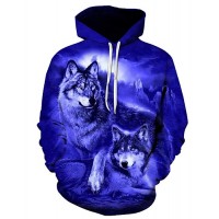 Men's Plus Size Sports Long Sleeve Loose Hoodie - 3D Wolf, Print Hooded Blue